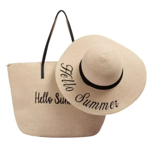 Straw Bag and Hat Set Ladies Straw Woven Tote Bag Summer Fashion Beach Straw Bag