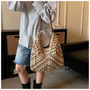 Straw Bag for Women Large Capacity Single Shoulder Tassel Cross Strap Polyester Spring Wear