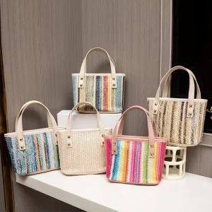 Straw Bags Summer Beach Tote Bag Handmade Woven Handbag Purse for Women
