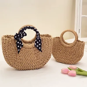 Straw Bags Women Handbags Half round Beach Handmade Woven Summer Straw Bag with Ribbon Bow