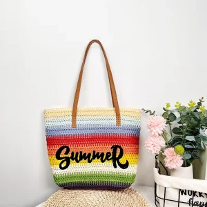 Straw Bags for Women Large Capacity Travel Straw Totes Bag Woven Summer Shoulder Bag