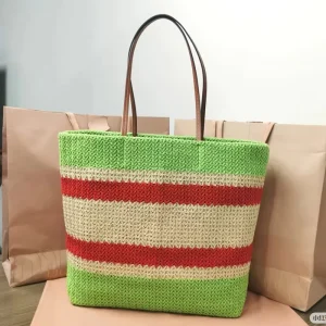 Straw Beach Bag Fashionable Striped Woven Polyester Lined Large Capacity Single Shoulder Tote Trendy Moms
