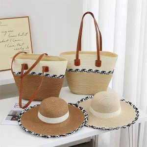 Straw Beach Bag and Hat Set Holiday Hand Woven Capacity Tote Bag Outdoors Summer Floppy Ladies Straw Hats
