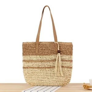 Straw Beach Bag for Womens Handbag Woven Tote With Zipper Summer Straw Shoulder Bag