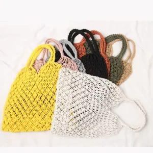 Straw Beach Bags Women Hollow Out Mesh Polyester Woven Straw Tote Mesh Beach Bags