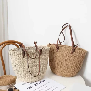 Straw Beach Bucket Bags Lady Purses Reusable Paper Straw with Leather Fashion Design Shoulder Bags