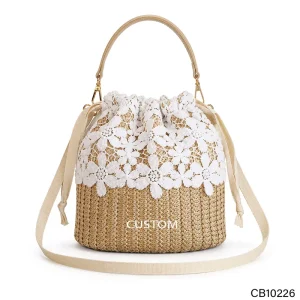 Straw Bucket Bag with White Lace Flower Detail Summer Rattan Crossbody Tote Bag for Women
