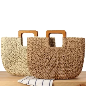 Straw Handbags Large Capacity Shopping Beach Straw Bag Women Lady Summer Casual Hand Bag with Wood Handle