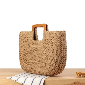 Straw Handbags Large Capacity Shopping Beach Straw Bag Women Lady Summer Casual Hand Bag with Wood Handle