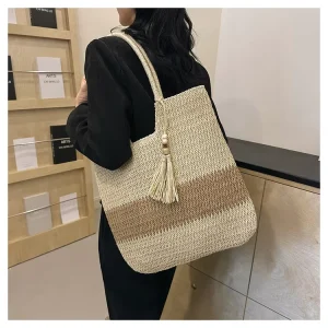 Straw Handmade Woven Tassel Zipper Women’s Casual All Match Single Shoulder Large Capacity Tote Beach Bag Vacation