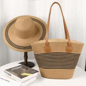 Straw Hat and Shoulder Bag Set Beach Cap Wide Brim Summer Sun Hat and Purse Women’s Tote Bags Straw Bag Set With Hat