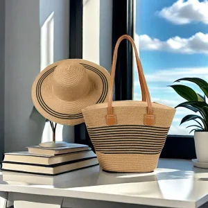 Straw Shoulder Bag Trendy Fashionable Womens Large Capacity Woven Tote Handheld French Style Beach Bag Seaside Zipper