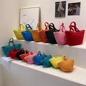 Straw Shoulder Bags for Women Handmade Cotton Rope Beach Bags Raffia Rattan Woven Handbags Vacation Shopping Bags