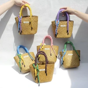 Straw Tote Bag Hand Strap Vegetable Basket Style European American Vintage Matching Colored Decorative Cord Handmade Woven Bag