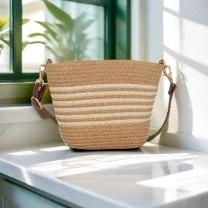 Straw Unisex Zipper Closure Fashion Bucket Bag Summer Beach Seaside Outdoor Travel Vacation Retro Crossbody Single Strap