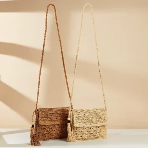 Straw Weave Cross-body Bag With Tasse Luxury Hollow Out Beach Holiday Shoulder Purse for Women Travel