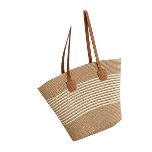 Straw Women’s Autumn Fashionable Tote Bag Large Capacity Woven Zipper Closure Cross-Border Bucket Bags