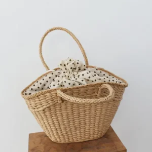 Straw Women’s Handbag Beach Bag Dumpling Shape Drawstring Woven Two Handles Polka Dot Rope Handle Gift Basket Bag