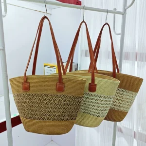 Straw Women’s Summer Tote Bag Large Single Shoulder Open Solid Color Seaside Beach Style Niche Artistic Contrasting Color