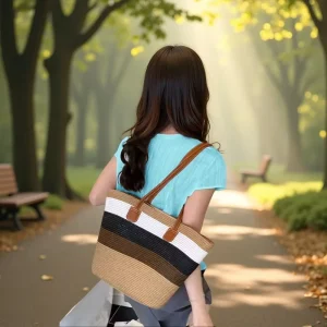 Straw Woven Beach Tote Bag Striped Pattern 2 Straps with Zipper Large Capacity for Women Vacation Summer