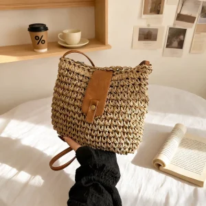 Straw Woven Bohemian Summer Two Strap Small Messenger Bag with Zipper for Women’s Seaside Holiday Beach Use