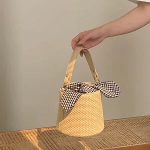 Straw Woven Bucket Bag for Women Fashion Personality Knot Handbag Crossbody Woven Bag for Women