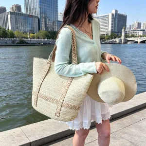 Straw Woven Large Capacity with Hat Summer Two Strap Small Messenger Bag with Zipper for Women’s Seaside Holiday Beach Use