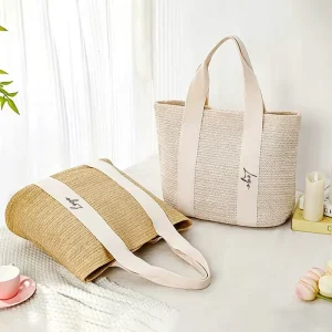 Straw Woven Tote Bag, Casual Beach Handbag with Letter Print, for Summer Picnic & Daily Use