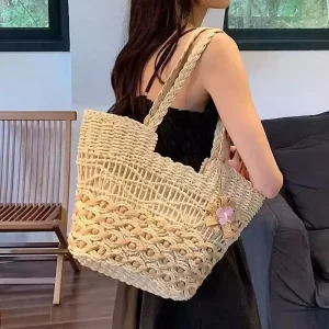 Straw Woven Women’s Shoulder Bag Urban Simplicity Handmade Large Capacity Polyester Zipper Beach Bag