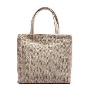 Straw bag women’s spring new large-capacity simple bucket bag beach woven contrasting color portable tote bag