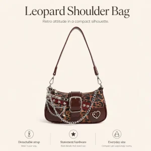 Streetwear Sport Leopard Underarm Bag Large Capacity Durable Design Zipper Punk Metal Chain Star Stud Decor Detachable Strap