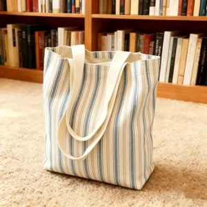 Striped Canvas Tote Bag Large Capacity Reusable Shopping Shoulder Bag Custom Logo Print Eco Friendly Daily Commute Handbag