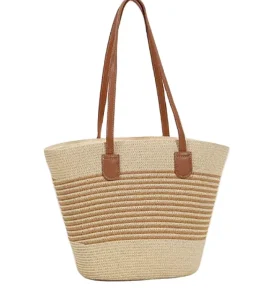 Striped Straw Woven Bag for Women Large Capacity Seaside Vacation Beach Shoulder Bag