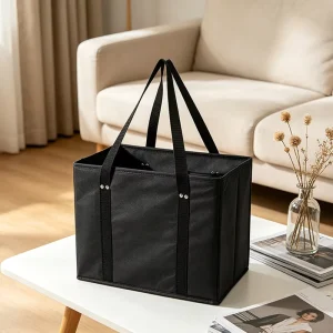 Sturdy Foldable Non Woven Fabric Tote Box Reusable with Reinforced Handles for Organizing Pantry Items & Non Perishable Good