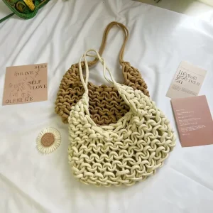 Style Moon Woven Bag Summer Forest Series Handwoven Shoulder Bag Tote with Inner Pouch