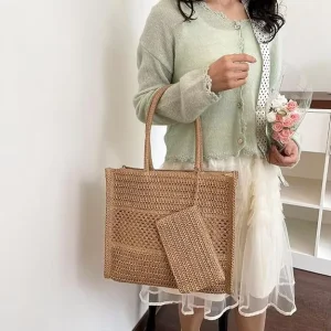 Stylish Eco Straw Tote Bags for Women Summer Woven Beach Bag 2 in 1 Straw Purses and Shoulder Bag for Vacation