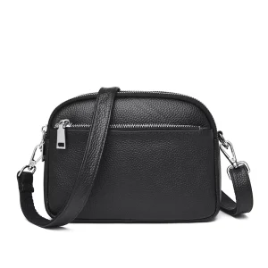 Stylish Minimalist Genuine Leather Bag Women’s Shoulder Bag Solid Color Triple-Zipper Crossbody Bag