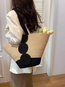 Stylish Summer Beach Bag Women Cotton Rope Shoulder Tote with Comfortable Handle Perfect for Seaside & Poolside