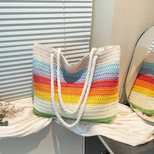 Stylish Women’s Shoulder Bag Rainbow Striped Contrasting Color Straw Weave Polyester Summer Beach Vacation Large