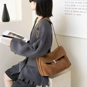 Suede Flap Shoulder Bag Women Silver Push Lock Square Adjustable Strap Side Tie Detail Casual Minimalist Everyday Handbag Purse