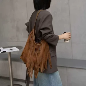 Suede Large Fringe Hobo Shoulder Bag Women Oversized Boho Tassel Crescent Tote Casual Western Festival Handbag Everyday Purse