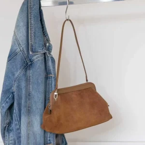 Suede Leather Frame Shoulder Bag Women Silver Zip Top Clutch Smooth Leather Trim Side Pocket Casual Minimalist Purse