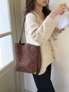 Suede Vintage Striped Lady Summer Single ZIP Closure Bucket Bag Joker Shoulder Crossbody Tote Bag Mother Bag