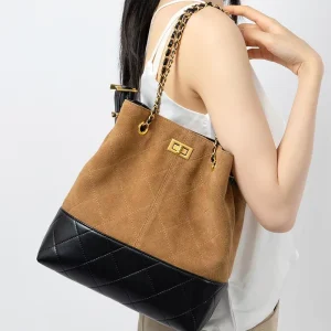 Suede and Leather Patchwork Bucket Bag for Women Classic Quilted Shoulder Bag with Chain Strap Vintage Handbag
