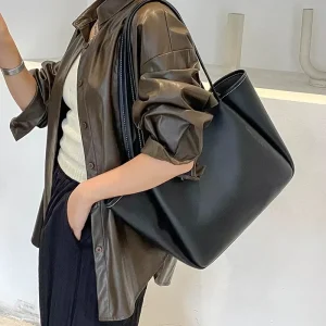 Summer Autumn Zipper Closure Large Capacity Waterproof Black Handbag Soft PU Leather Shoulder Bag Anti-theft Tote Bag for Women