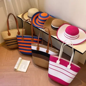 Summer Beach Bag Hat Set Handmade Large Straw Tote Bag Women Holiday Seaside Beach Handbag Hat Set