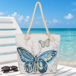 Summer Beach Bag Holiday Embroidery Travel Big Capacity Cotton Rope Handle Womens Canvas Beach Tote Bag