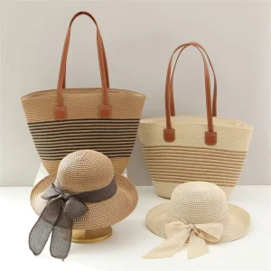 Summer Beach Bag Straw Hat Set 2 Pcs Handmade Large Striped Paper Straw Tote Bag Holiday Seaside Travel Casual Unisex