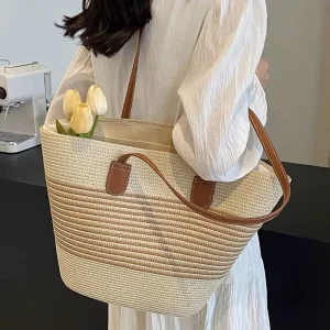 Summer Beach Bag for Women Seaside Travel Vacation Double Handle Zip Tote Candy Pattern Straw Handbag