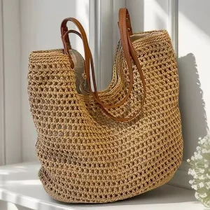 Summer Beach Cotton Polyester Hollow Out Large Tote Bag Women Lady Straw Shoulder Handbag Straw With Handle Eco friendly Pu Tag